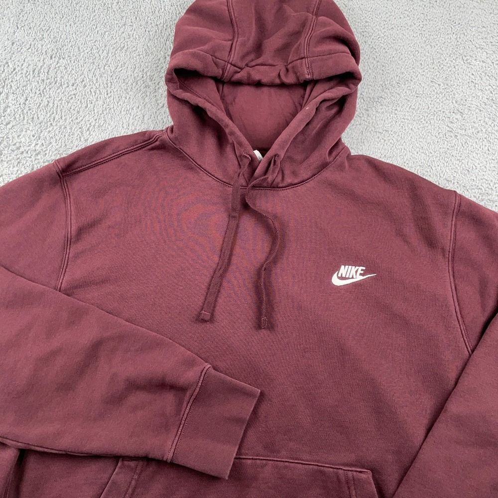 Nike Hoodie Mens Large Burgundy Club Fleece Pullover Sweatshirt BV2654-652